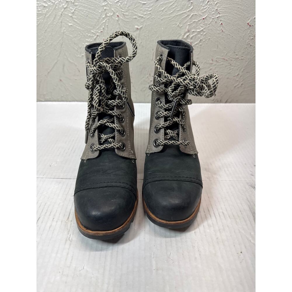Sorel Women's PDX Boot Wedge Lace Up Bootie Black Leather Tan‎ Canvas Size 8